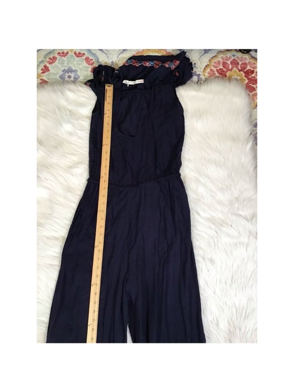 Jumpsuit Chelsea & Violet Womens Med Navy Blue Off Shoulder Embroidered Long Boh - Picture 9 of 9